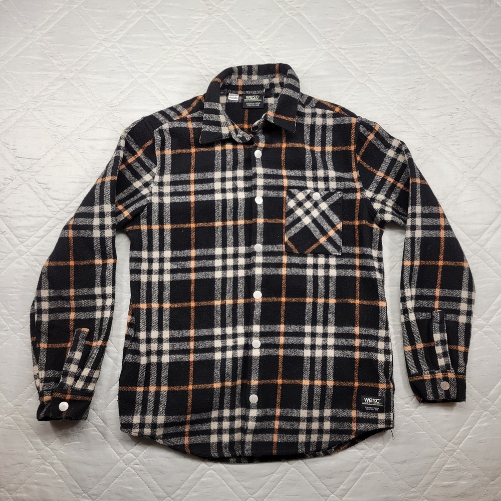 WeSC Oden black plaid Flannel snap front Overshirt size M